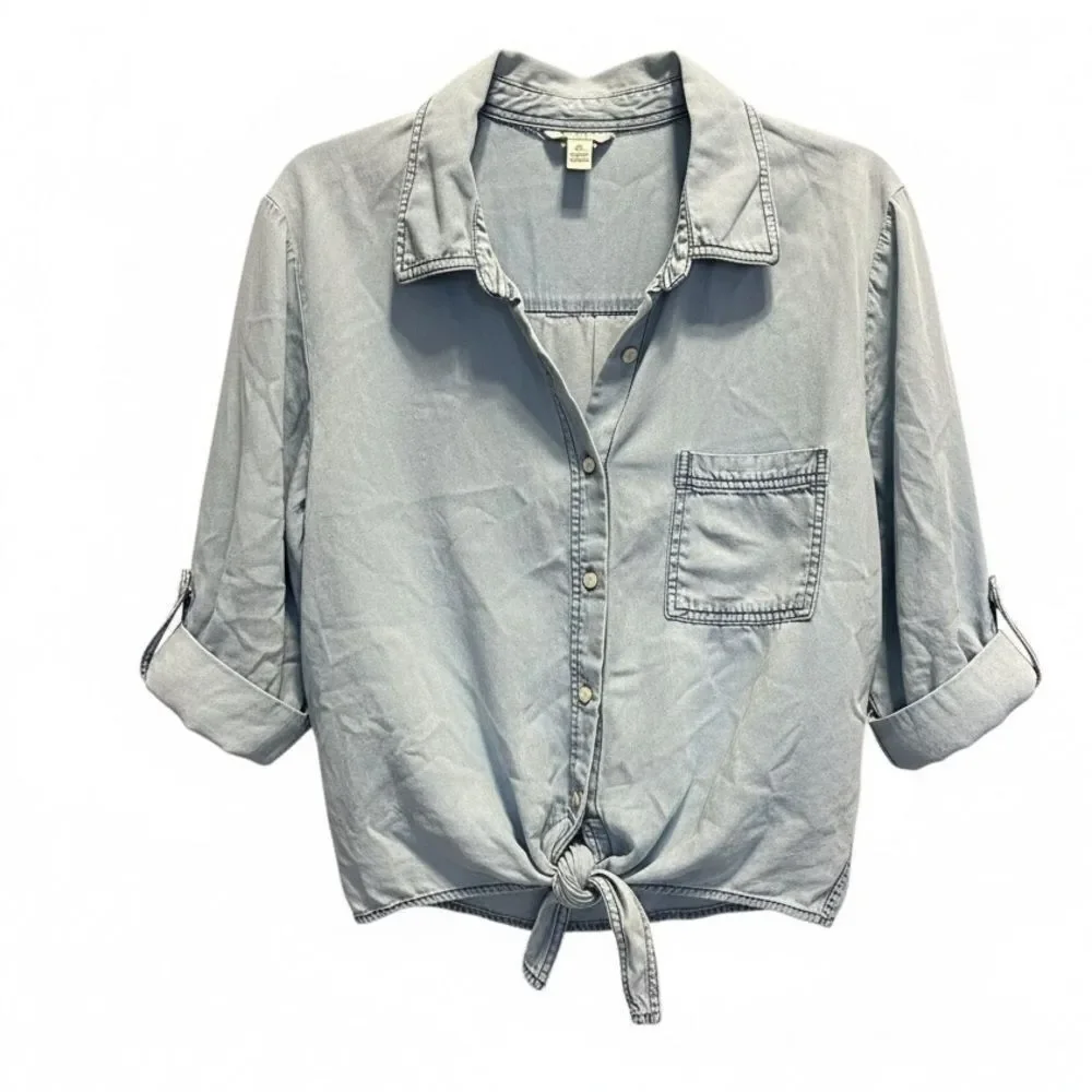 EUC Cato Women’s Blue Denim Washed Button-Up Tie-Front Shirt - Size XL